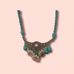 Ashura Handmade Turquoise Stone Needle Lace Zamak Flowy Necklace