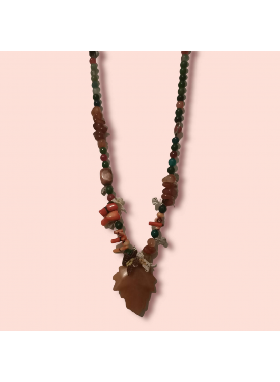 Ashura Handmade Agate, Coral, Jade Needle Laced Extension Cord Necklace