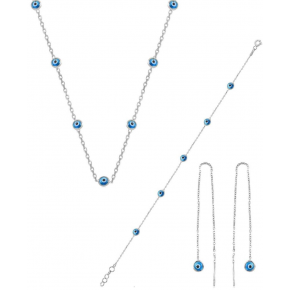Silver Rhodium Glass Eye Evil Eye Necklace Earrings and Bracelet Sterling Silver Set