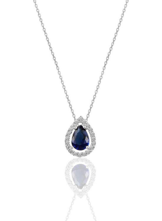 Silver Rhodiumed Sapphire Stone Drop Model Necklace
