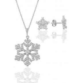 Silver Rhodium and Zircon Stone Snowflake Necklace and Earring Set
