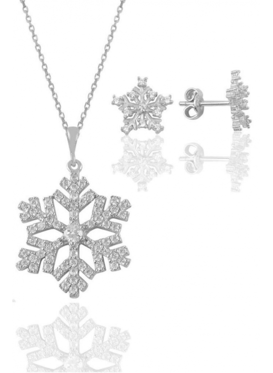 Silver Rhodium and Zircon Stone Snowflake Necklace and Earring Set