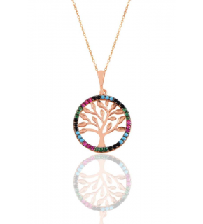 Sterling Silver Rose Frame Tree of Life Necklace with Colorful Stones