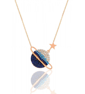 Sterling Silver Rose Blue and Zircon Stone Planet Necklace