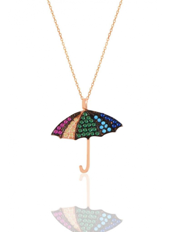 Silver Rose Colored Gemstone Umbrella Necklace