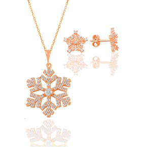 Silver Rose Zircon Stone Snowflake Necklace and Earring Set