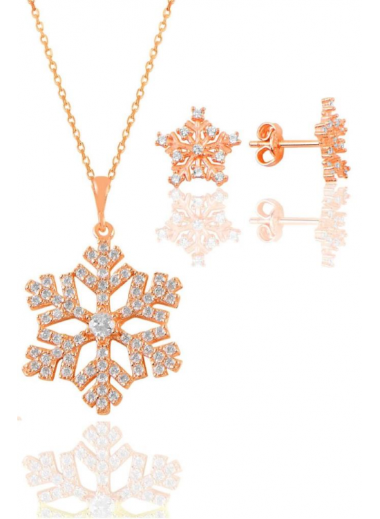 Silver Rose Zircon Stone Snowflake Necklace and Earring Set