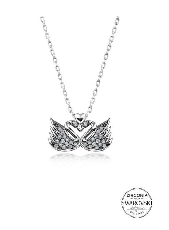 Gümüş Swarovski Taşlı Pırlanta Modeli İkiz Kuğu Kolye